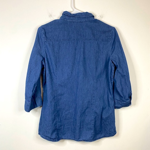 APT. 9 Medium Wash Blue Chambray Denim Jean 3/4 Sleeve Button Down Shirt - Picture 2 of 5